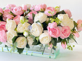 Modern Long White and Pink Rose Peony Arrangement, Artificial Faux Centerpiece Floral Flower Arrangement, Silk Flowers Glass Vase Home Decor