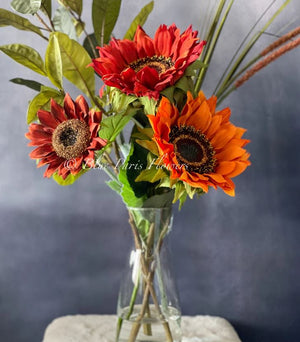 Mix Faux Flower Arrangement, Sunflowers and Greens in Vase, Floral Decor Silk Flower Centerpiece, Faux Artificial Flowers Silk Arrangement