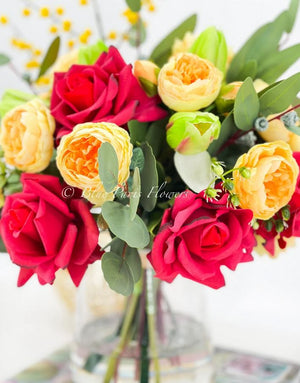 Red Roses Yellow Peonies with Greenery Arrangement, Artificial Faux Centerpiece, French Silk Floral Flowers Real Touch Roses, Home Decor