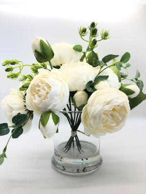White Rose Peony Arrangement, Artificial Faux Centerpiece, Silk Flowers in Glass Vase for Home Decor