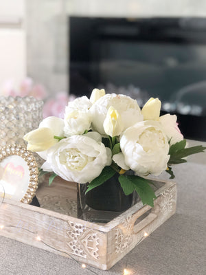 White Peony Arrangement, Artificial Faux Centerpiece, Natural Touch Flowers in Glass Vase Home Decor