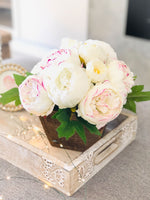 Marsala Tipped White Ivory Peony Arrangement, Artificial Faux Centerpiece