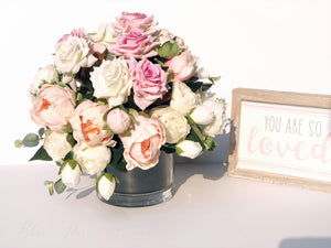 Pink Peonies, Roses Faux Flower Arrangement, Floral Home Decor and Centerpiece in Vase