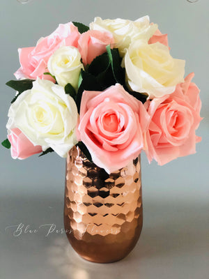 White and Pink Floral Arrangement Artificial Faux Flowers in Copper Vase