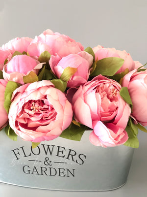 Pink Peonies Floral Arrangement, Artificial Faux Centerpiece, Flower in Metal Vase, French Country Home Decor