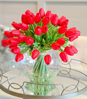 X-Large 60 Red Tulips | Modern Faux Floral Arrangement | Real Touch Artificial Faux Forever Flowers in Glass Vase, Faux Flowers in Vase