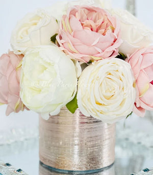 White & Blush Rose and Peonies Arrangement, Artificial Faux Centerpiece, Floral Flowers in Rose Gold Vase Home Decor Blue Paris