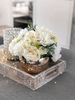 White Roses Faux Flower Arrangement, Floral Home Decor | Silk Artificial Centerpiece in Gold Vase
