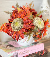 Fall or Thanksgiving Arrangement, Sunflowers in Vase, Floral Decor Centerpiece, Faux Florals Artificial Flowers Silk Floral Decor Blue Paris