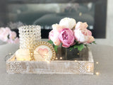 Pink Peony Arrangement, Artificial Faux Centerpiece, Natural Touch Flowers in Glass Vase Home Decor