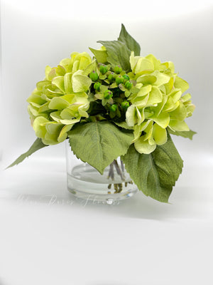 Premium Green Hydrangea Artificial Faux Arrangement in Clear Glass Vase with clear acrylic water for Home Decor by Blue Paris Flowers