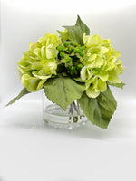 Premium Green Hydrangea Artificial Faux Arrangement in Clear Glass Vase with clear acrylic water for Home Decor by Blue Paris Flowers