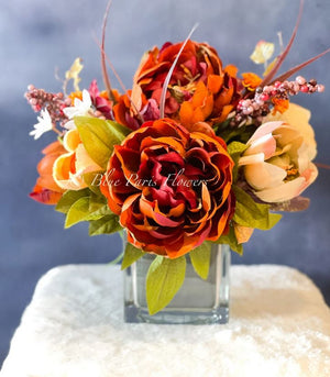 Fall or Thanksgiving Arrangement, Brown Peonies in Vase, Floral Decor Centerpiece, Faux Florals Artificial Flowers Silk Floral Decor