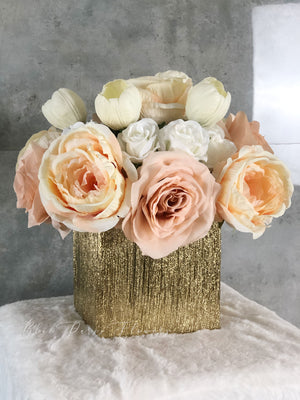 Ashley Dusty Rose, White Tulips Faux Flower Arrangement, Floral Home Decor | Silk Artificial Centerpiece in Gold Vase