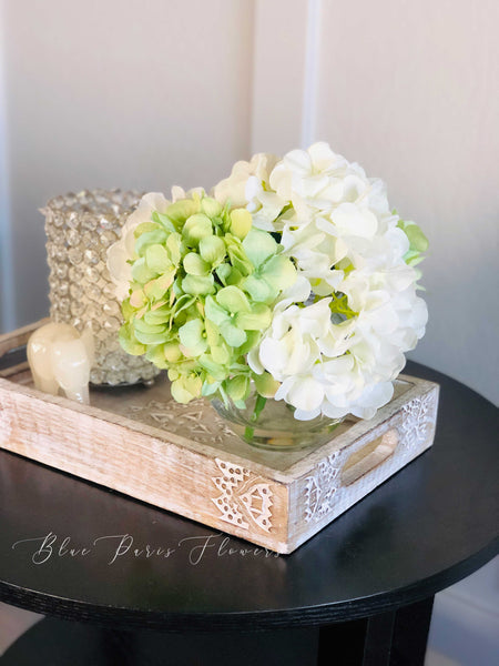 Floral Arrangement, Green White Hydrangeas Silk Artificial Flower Cent –  Blue Paris Flowers