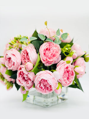 Pink Rose Peony Arrangement, Artificial Faux Centerpiece, Silk Flowers in Glass Vase for Home Decor