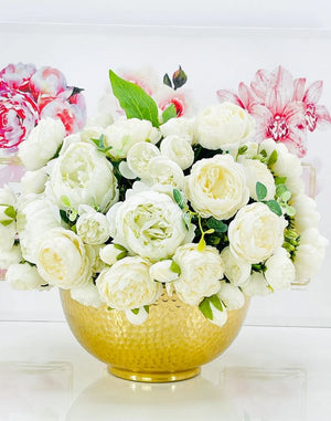 Large White Rose Peony Arrangement, Artificial Faux Floral Centerpiece, High-quality Silk Flowers in Gold Metal Vase for Home Decor