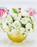 Large White Rose Peony Arrangement, Artificial Faux Floral Centerpiece, High-quality Silk Flowers in Gold Metal Vase for Home Decor