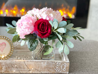 Pink Peonies, Red Roses, Artificial Faux Floral Arrangement Table Centerpiece Decor, Flower Arrangement Silk Florals, Real Touch Peony