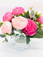 White or Pink Rose Peony Arrangement Artificial Faux Centerpiece Silk Flowers in Glass Vase for Home Decor by Blue Paris Flowers