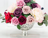Burgundy-Cream-Pink Roses Peonies Silk/Foam Artificial Faux Flower Floral Center Arrangement in Silver Vase Home Decor by Blue Paris Flowers