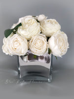White Austin Roses Faux Flower Arrangement, Floral Home Decor | Silk Artificial Centerpiece in Mirror Vase