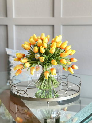 X-Large 60 Yellow Tulips | Modern Faux Floral Arrangement Real Touch Artificial Centerpiece Faux Flowers in Glass Vase Faux Flowers in Vase