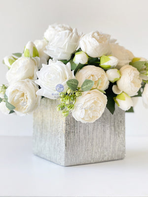 White Rose Peony Arrangement, Artificial Faux Table Centerpiece, French Floral Silk Flowers in Silver Vase for Home or Office Decor & Gift