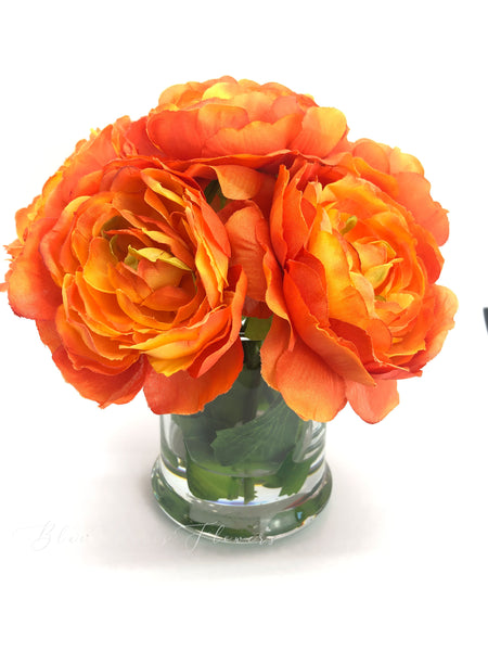 Tangerine Ranunculus Arrangement Artificial Faux Flowers in Glass Vase, Acrylic Water, Centerpiece
