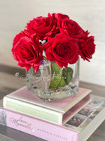 Red Real Touch Roses Arrangement, Artificial Faux Centerpiece, Natural Touch Flowers in Glass Vase Home Decor, Floral Arrangement Blue Paris