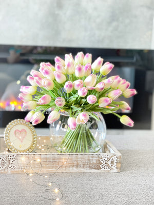 X-Large 60 Mauve Tulips | Modern Faux Floral Arrangement | Real Touch Artificial Centerpiece Faux Flowers in Glass Vase Faux Flowers in Vase