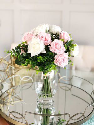 Real Touch White and Pink Rose | Greenery Artificial Faux Arrangement, Floral Centerpiece, Home Decor