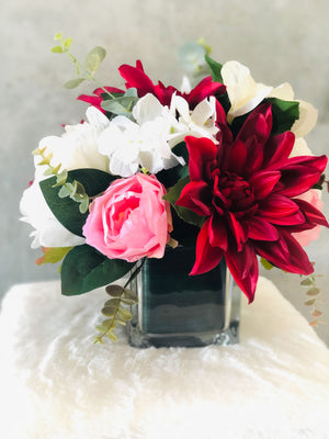 Dahlia, Roses Peonies Arrangement, Faux Flowers in Vase, Floral Decor Centerpiece