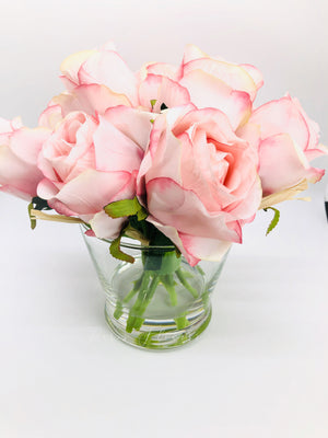 Light Pink Rose Arrangement Real Touch | French Country | Centerpiece | Artificial Faux Forever Flowers in Glass Vase