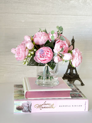 Light Pink Rose Peony Arrangement, Artificial Faux Centerpiece, Silk Flowers in Glass Vase for Home Decor, House, Gift, Faux Floral