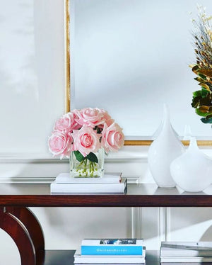 Real Touch Light Pink Roses Arrangement in Vase, French Country Artificial Flowers, Faux Floral Home Decor