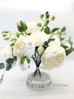 White or Pink Rose Peony Arrangement Artificial Faux Centerpiece Silk Flowers in Glass Vase for Home Decor by Blue Paris Flowers