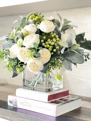 Large White Rose Peony, Berries with Greenery Arrangement, Artificial Faux Centerpiece, French Silk Floral Flowers Glass Vase for Home Decor