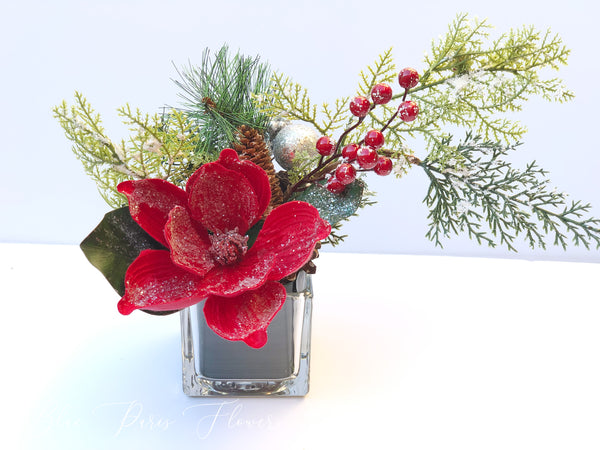 Holiday Red Magnolia Arrangement, Artificial Faux Centerpiece