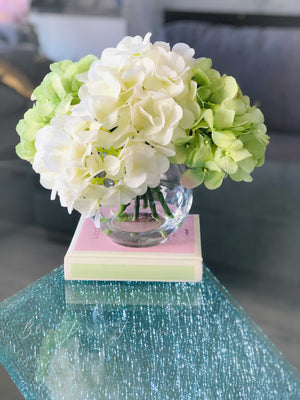 White Green Hydrangea in Vase, Artificial Faux Flower Arrangement, Silk Flower Centerpiece, Home Decor