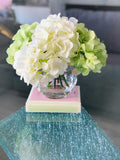 White Green Hydrangea in Vase, Artificial Faux Flower Arrangement, Silk Flower Centerpiece, Home Decor