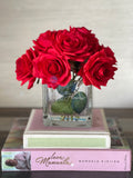 Red Real Touch Roses Arrangement, Artificial Faux Centerpiece, Natural Touch Flowers in Glass Vase Home Decor, Floral Arrangement Blue Paris