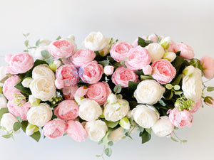Modern Long White and Pink Rose Peony Arrangement, Artificial Faux Centerpiece Floral Flower Arrangement, Silk Flowers Glass Vase Home Decor