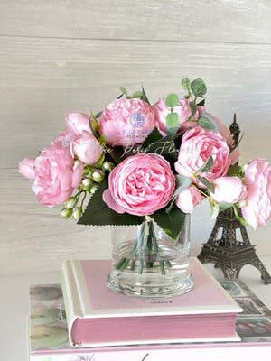 Light Pink Rose Peony Arrangement, Artificial Faux Centerpiece, Silk Flowers in Glass Vase for Home Decor, House, Gift, Faux Floral