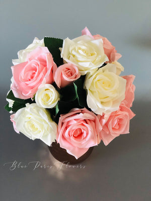 White and Pink Floral Arrangement Artificial Faux Flowers in Copper Vase