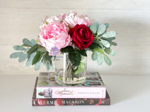 Pink Peonies, Red Roses, Artificial Faux Floral Arrangement Table Centerpiece Decor, Flower Arrangement Silk Florals, Real Touch Peony
