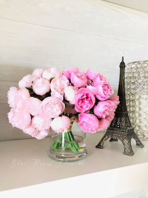 Light Pink Peonies, Centerpiece, Faux Flower Arrangement | French Country | Arrangement in Clear Glass Vase | Modern Style