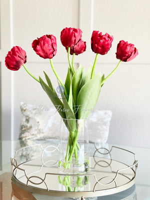 22” Red Tulips | Modern Arrangement Centerpiece| Silk | Artificial Faux Forever Flowers in Glass Vase | Faux Flowers in Vase