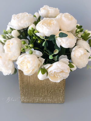 White Rose Peony Arrangement, Artificial Faux Centerpiece