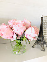 Light Pink Rose Arrangement Real Touch | French Country | Centerpiece | Artificial Faux Forever Flowers in Glass Vase